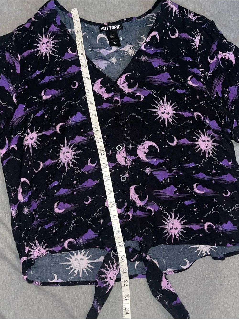 Hot Topic Crop Top Large Black Purple Celestial Print Sun Moon Stars Tie Front